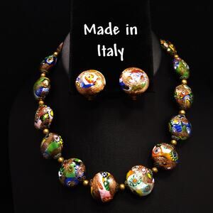 Italian Millefiori Venetian Glass Necklace & Earrings, Aventurine Glitter Beads